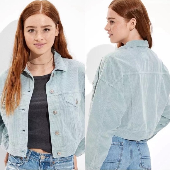 AMERICAN EAGLE Bomber Cropped Corduroy Light Blue Cotton Jacket Sz S - Picture 1 of 7